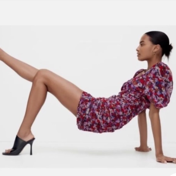 ZARA Women’s Floral Gold Metallic Stripe Draped Ruched Dress Size Small - Picture 1 of 9